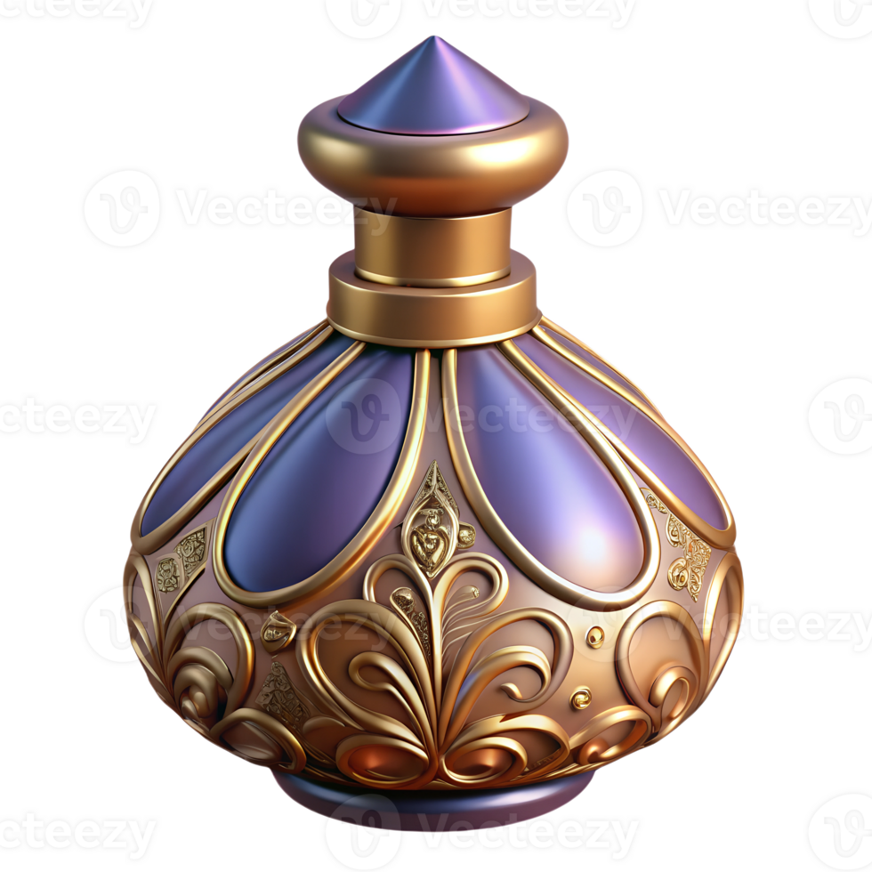Oriental perfume bottle with intricate design 3d illustration isolated png