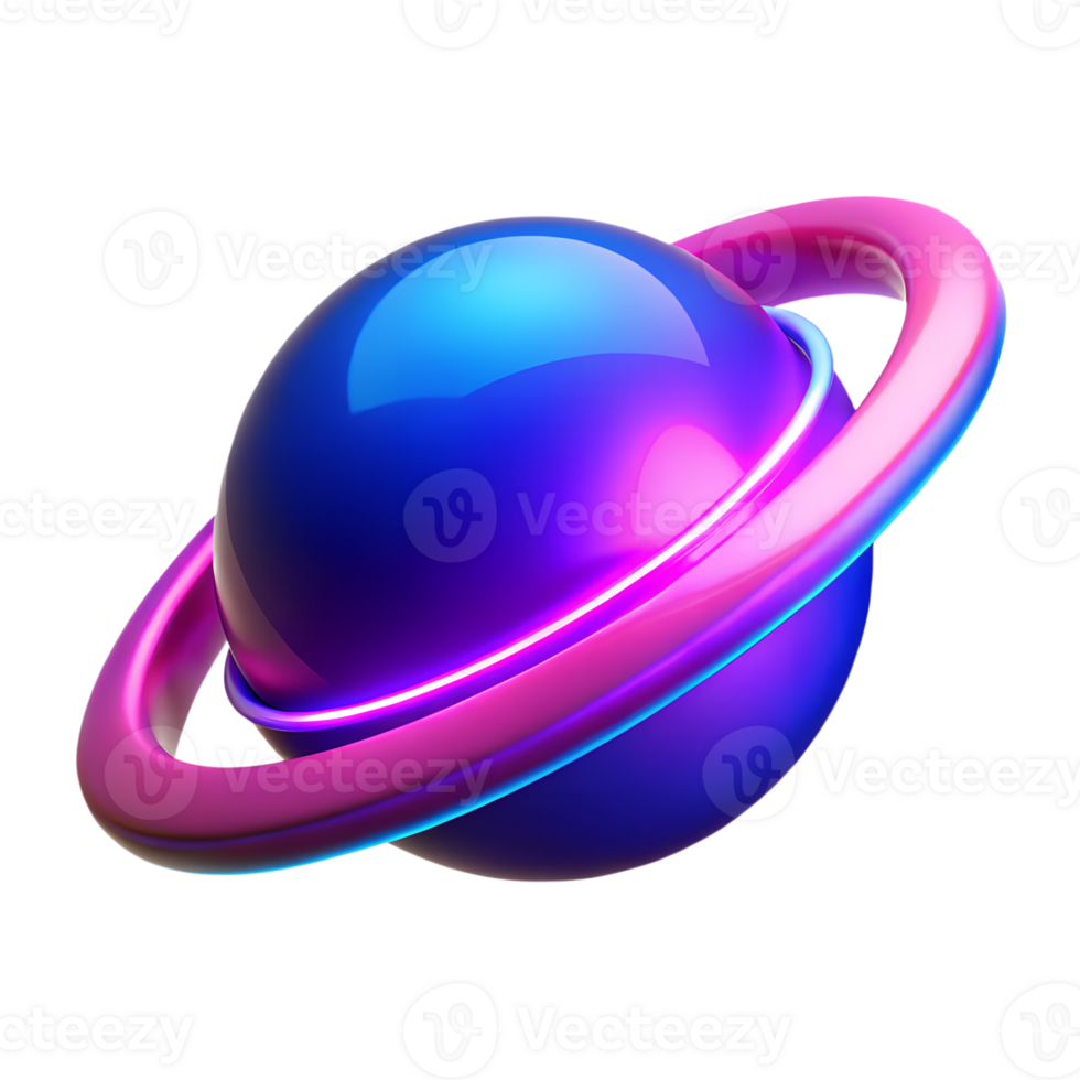 Neon glowing space planet with ring 3d icon isolated on the transparent background png