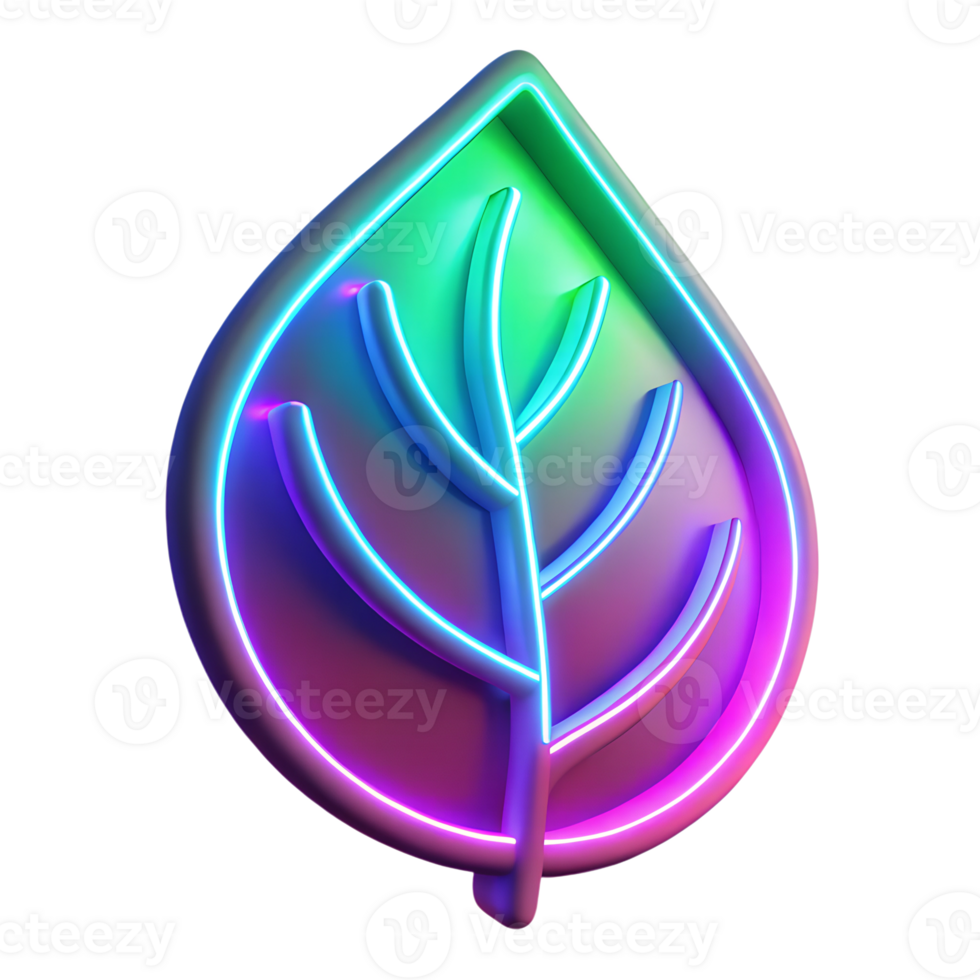 Neon glowing leaf 3d icon isolated on the transparent background png