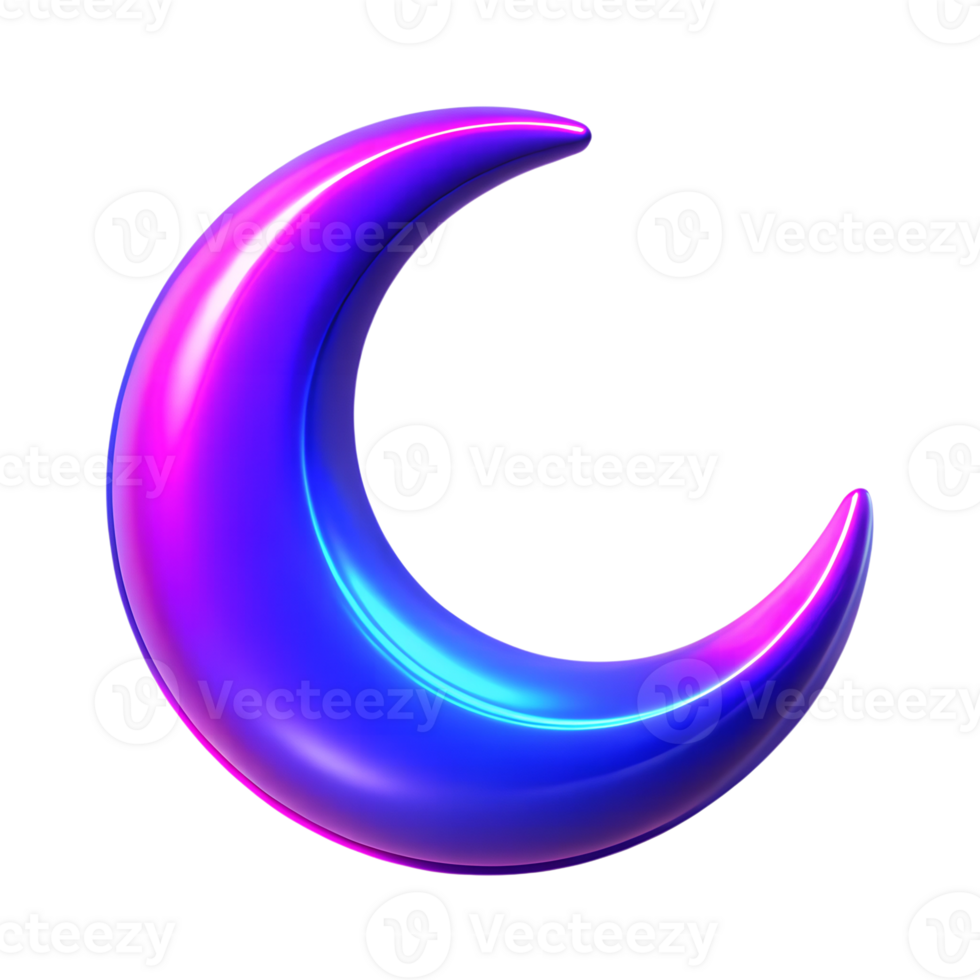 Neon glowing crescent moon 3d icon isolated on the transparent background png