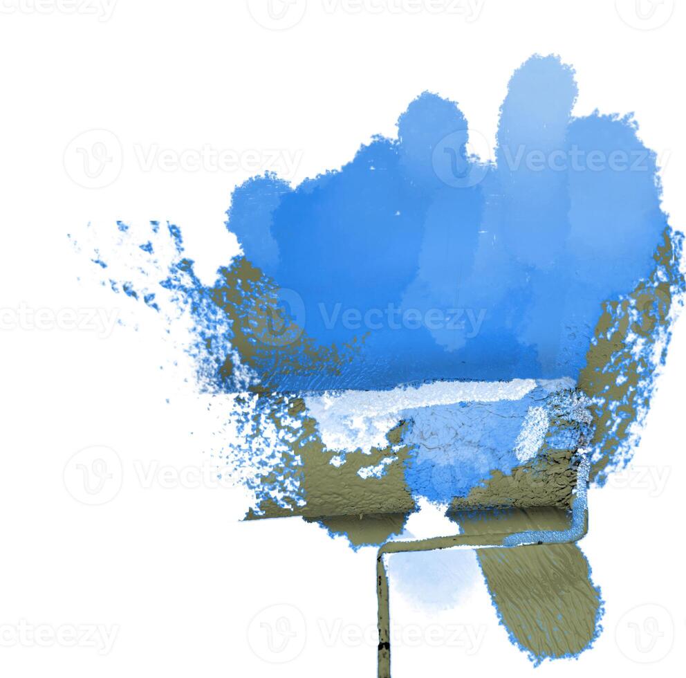 Closeup of a paint roller applying fresh white paint on a wall. DIY process of home renovation and painting for a clean, updated interior. home improvement and wall makeover. Copy space. photo