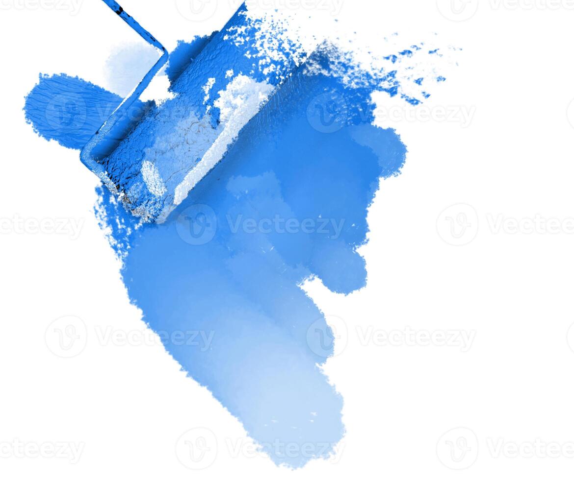 Creative graphic concept of paint roller applying fresh blue paint onto the wall. Process of home renovation, improvement and makeover. Isolated on the white background. Copy space. photo