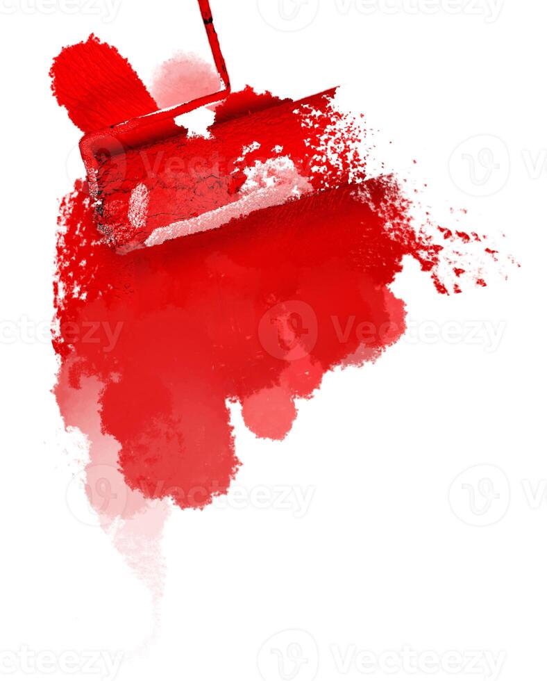 Creative graphic concept of paint roller applying fresh red paint onto the wall. Process of home renovation, improvement and makeover. Isolated on the white background. Copy space. photo