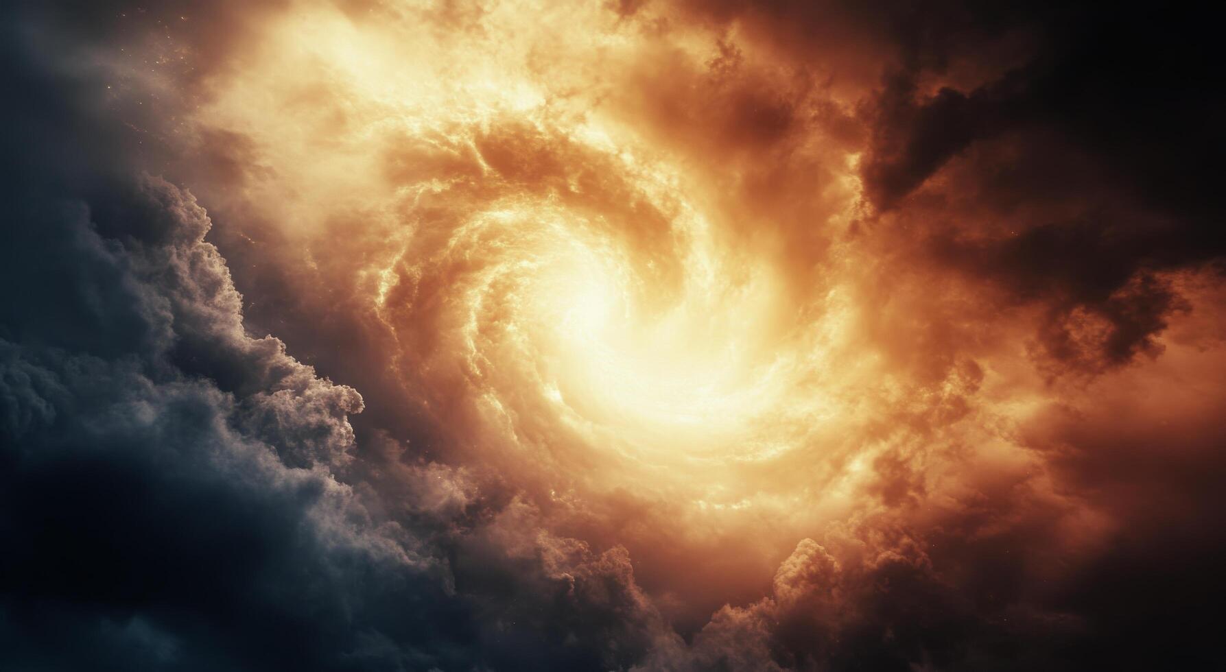 Vivid swirling clouds create a dramatic sky during sunset over a calm landscape photo