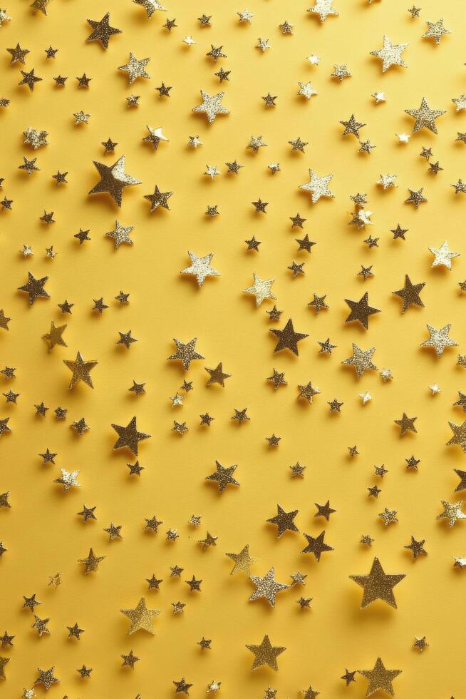 Golden stars scattered across a bright yellow background create a festive atmosphere photo