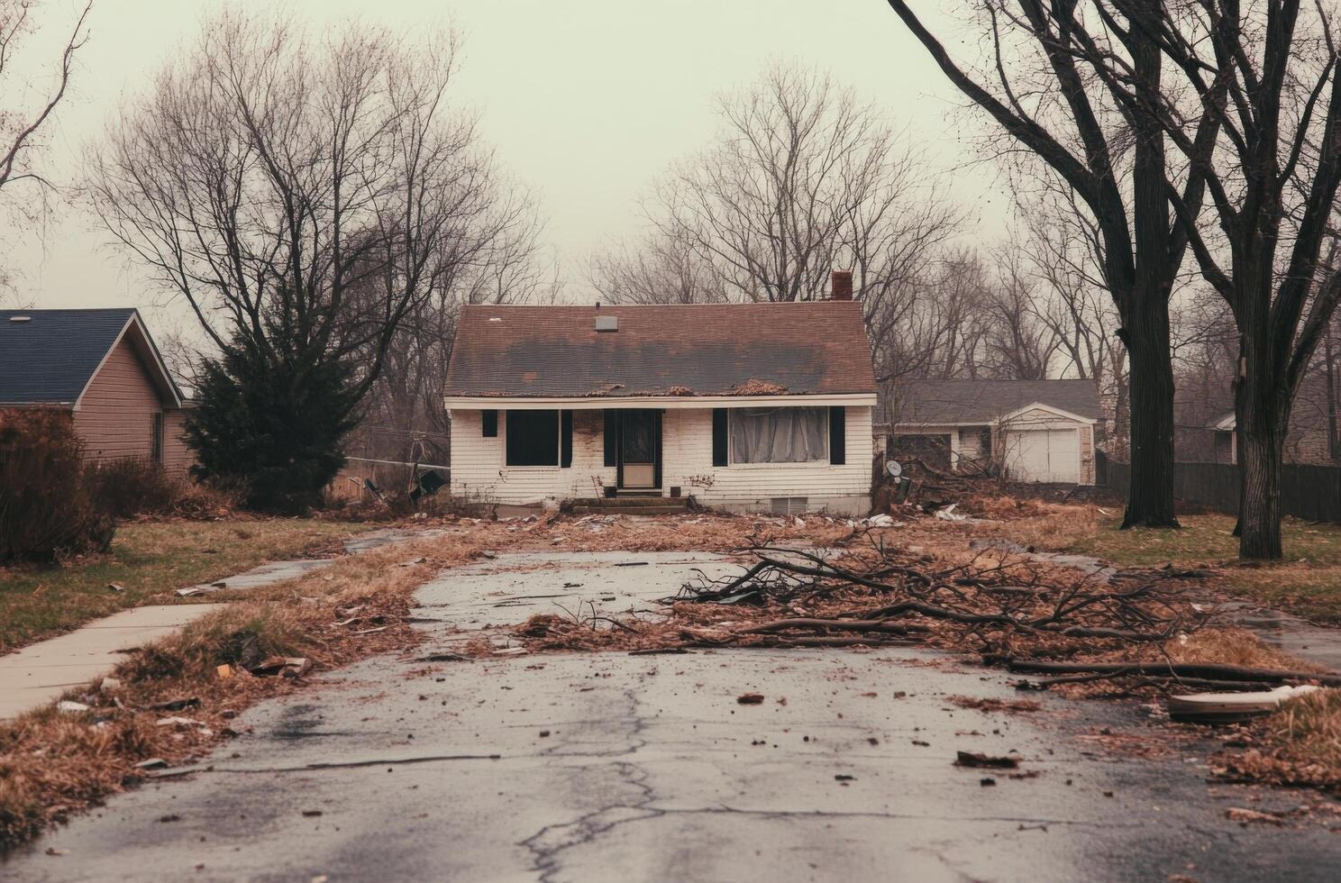 Damage from a storm in a suburban neighborhood with fallen branches and a parked car photo