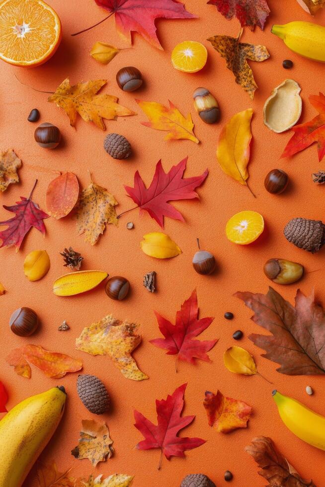 Vibrant fall flat lay featuring oranges, bananas, and colorful autumn leaves on a bright backdrop photo