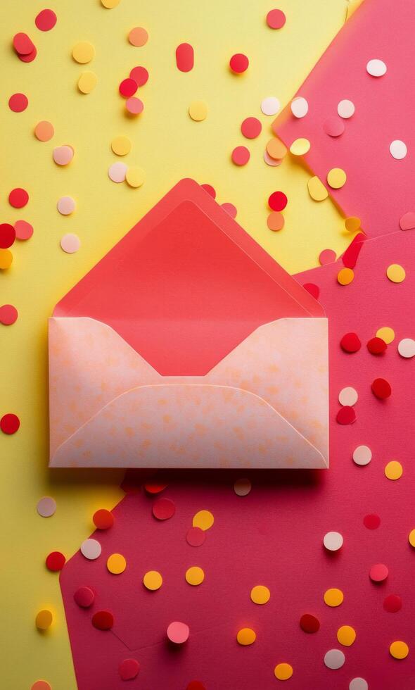 Colorful envelope with yellow card and confetti on vibrant red and yellow background photo