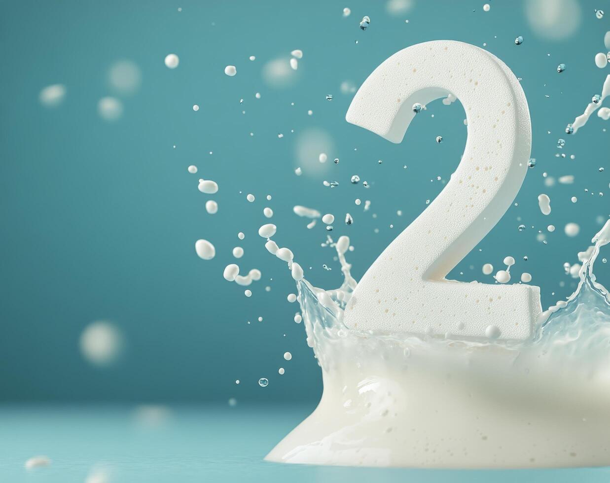 Splash of milk with the number two against a bright blue background photo