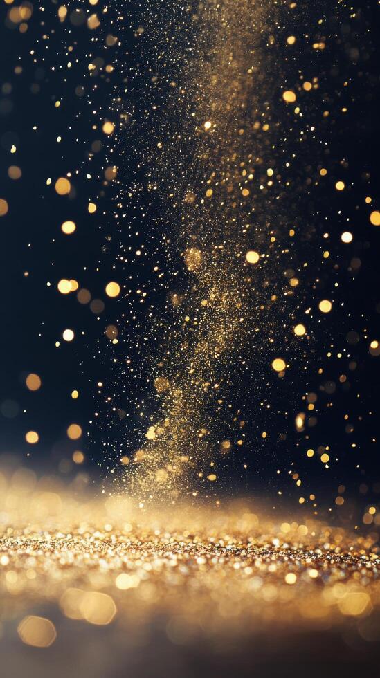 Golden particles dancing in the air against a dark background create a magical atmosphere photo