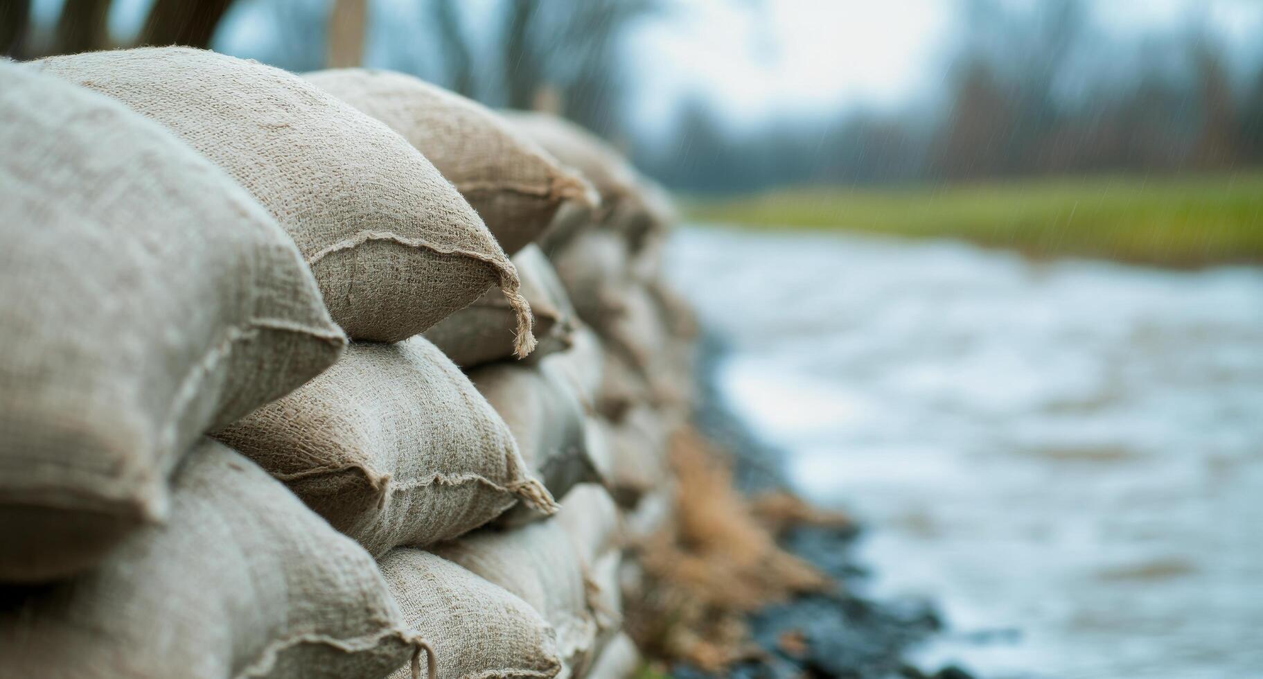 Sandbags line the riverbank to prevent flooding during heavy rainfall in early spring photo