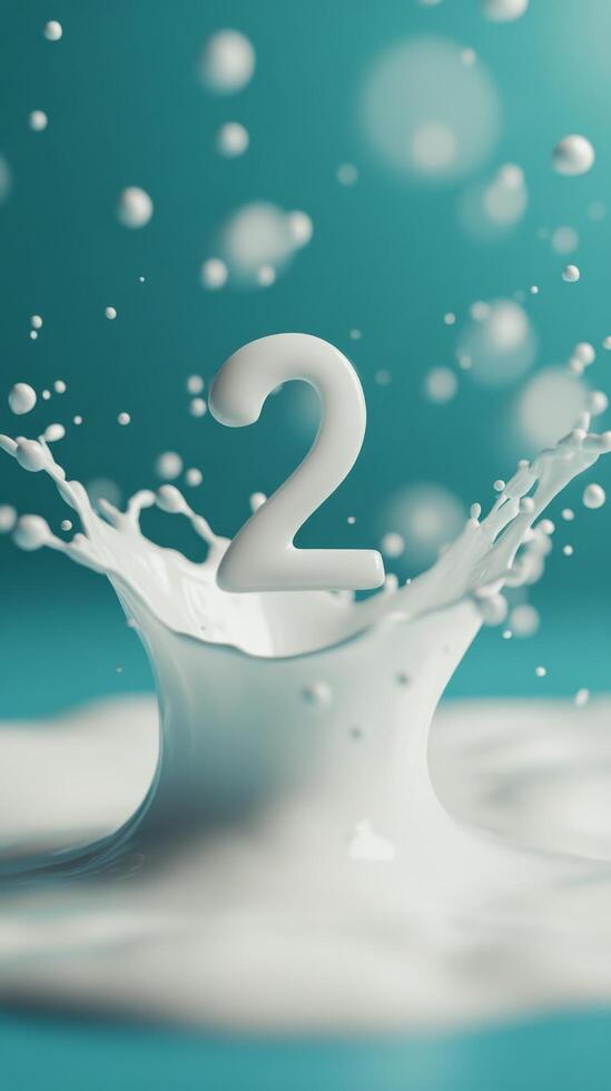 Dynamic water splash creating the number two against a vibrant blue background photo