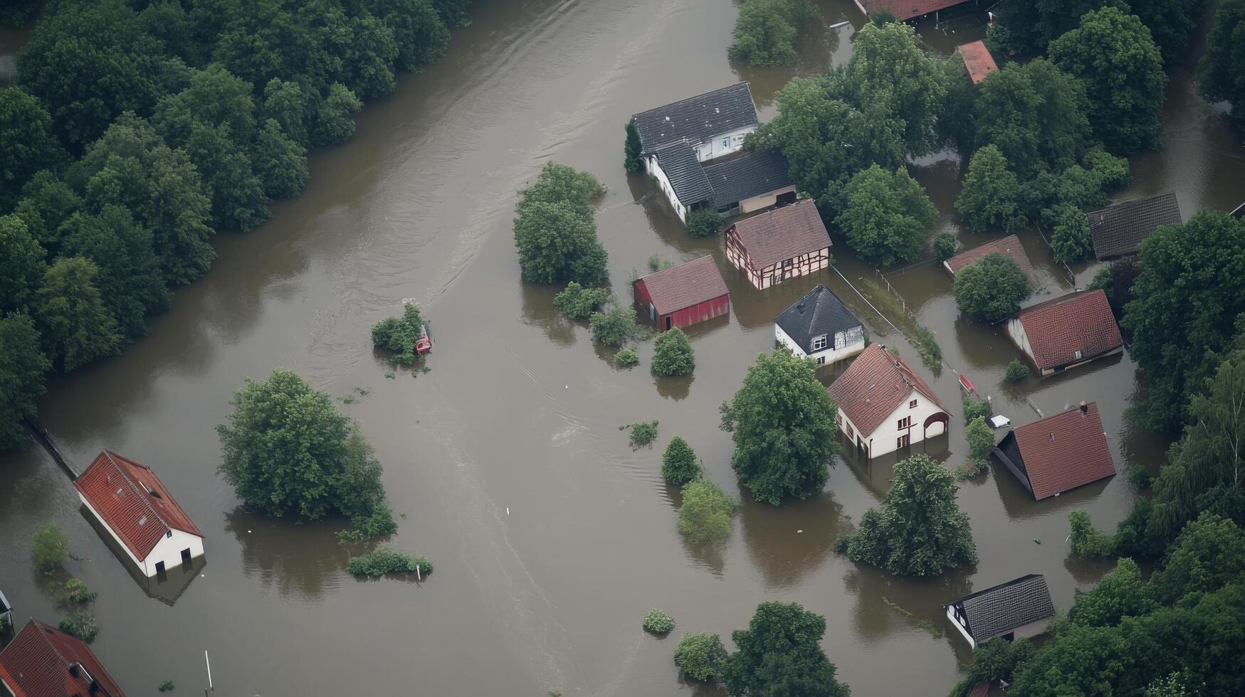 Severe flooding impacts residential area surrounded by trees and water during an overcast day photo