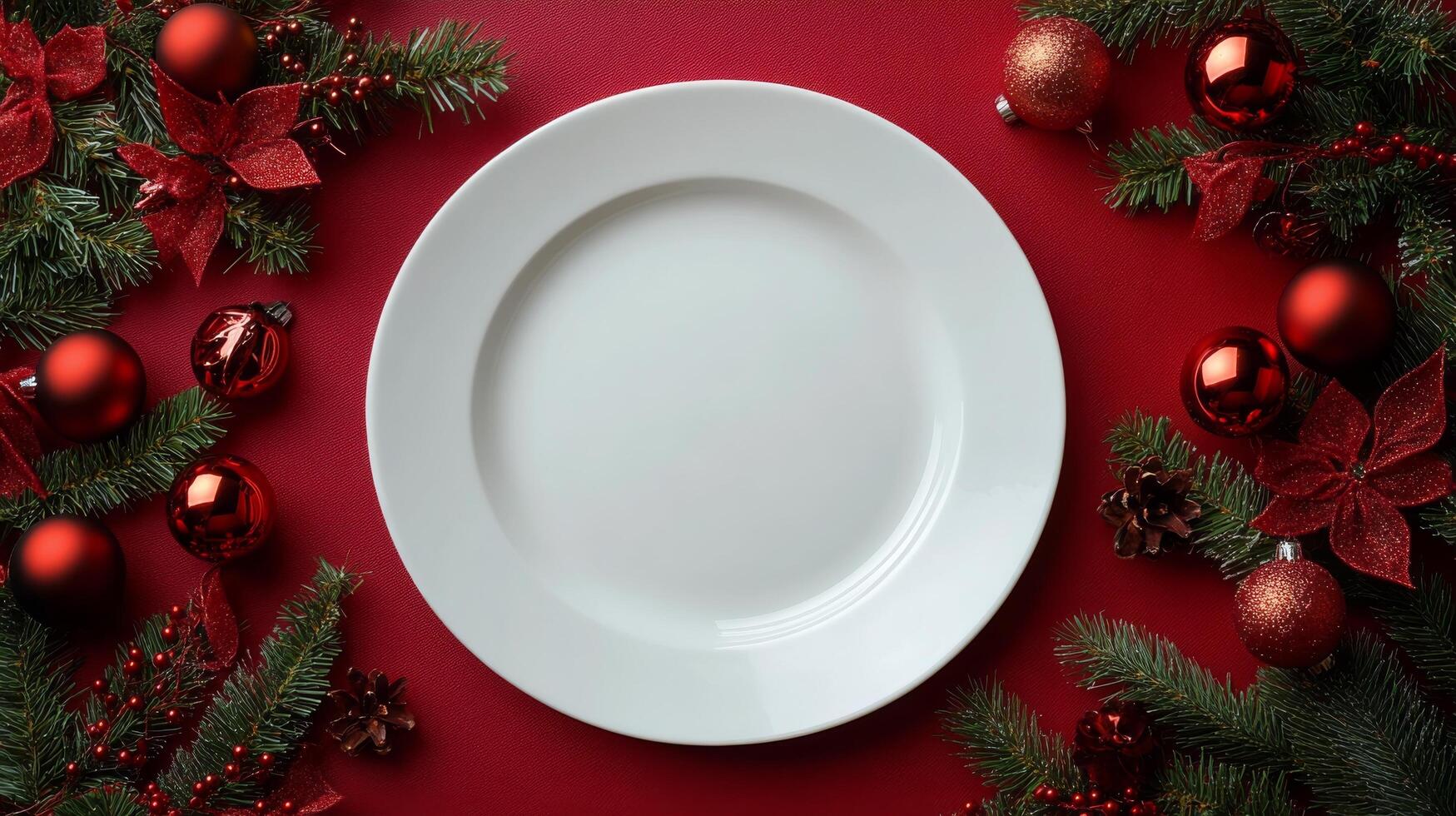 A festive empty plate surrounded by Christmas decorations on a vibrant red table photo