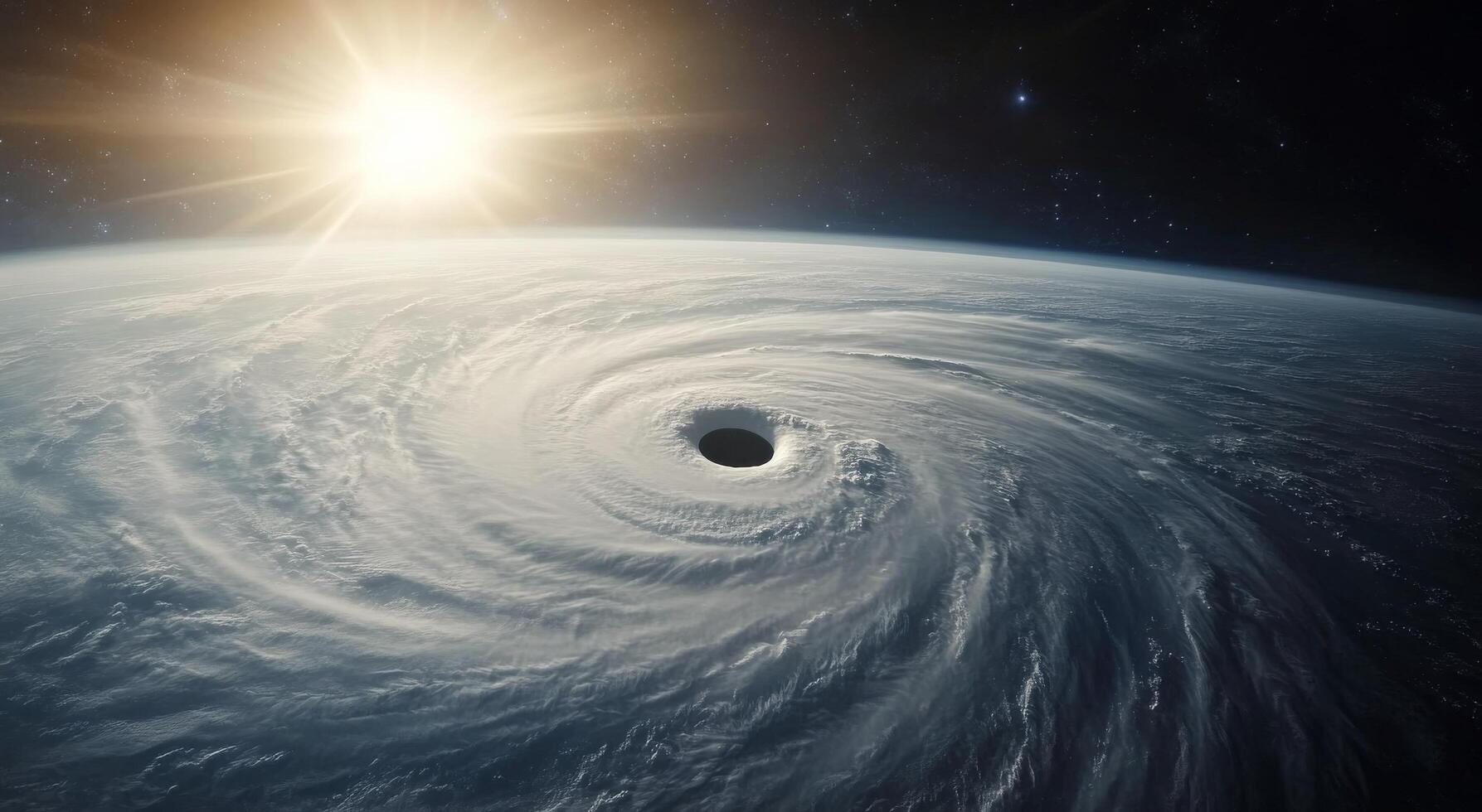 A massive hurricane swirling over the ocean with sunlight illuminating the scene from above photo