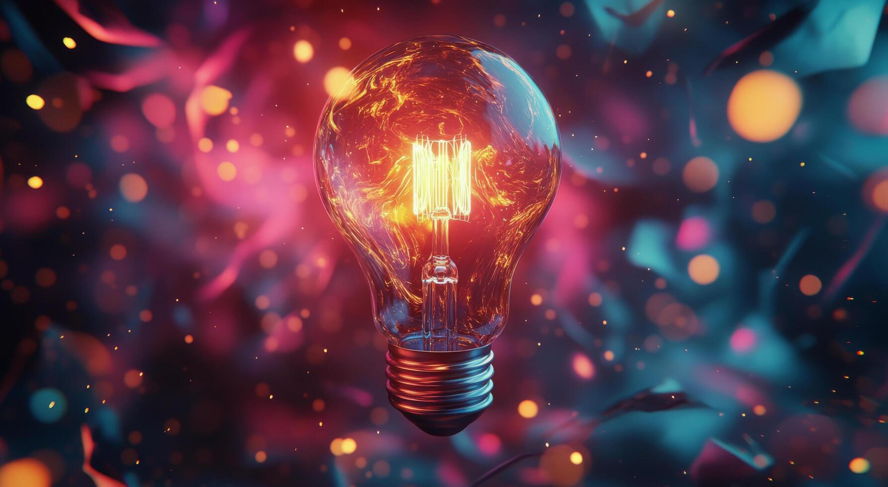 A glowing light bulb surrounded by colorful sparks and abstract elements in a dark setting photo