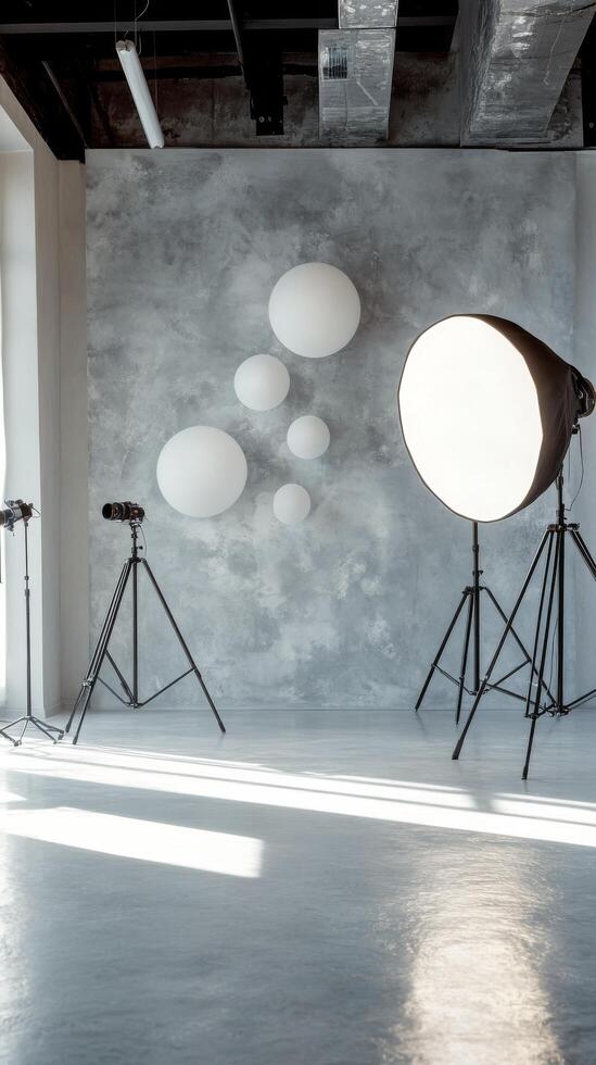 Modern studio setup with lighting equipment and backdrops for creative photo sessions