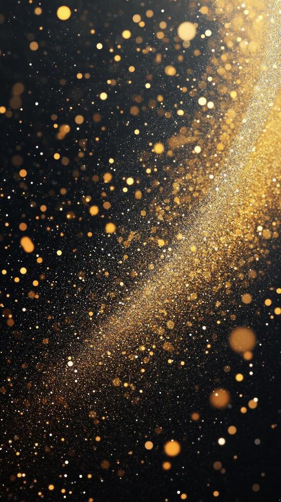 A mesmerizing display of golden glitter particles sparkling against a dark backdrop photo