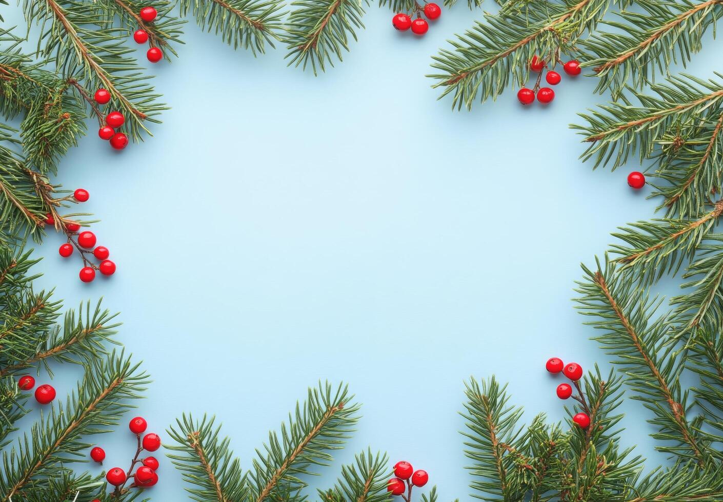 Festive wreath made of evergreen branches and red berries on a light blue background photo