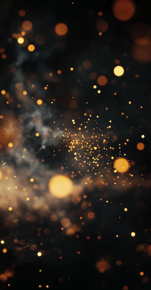 Sparkling golden particles drifting through a dark, swirling mist in a captivating cosmic backdrop photo