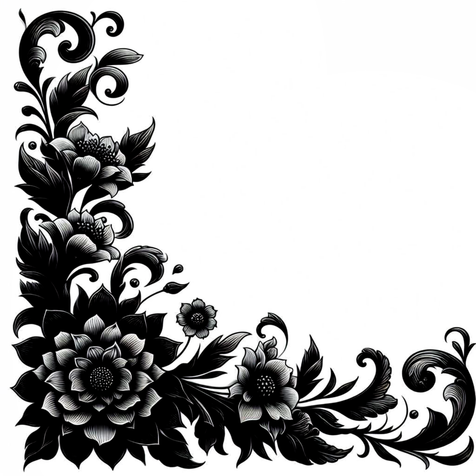 black and white floral corner design transparent background png
