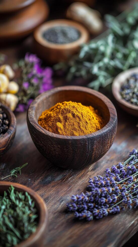 A rustic wooden bowl filled with vibrant turmeric and dried lavender on a wooden table photo