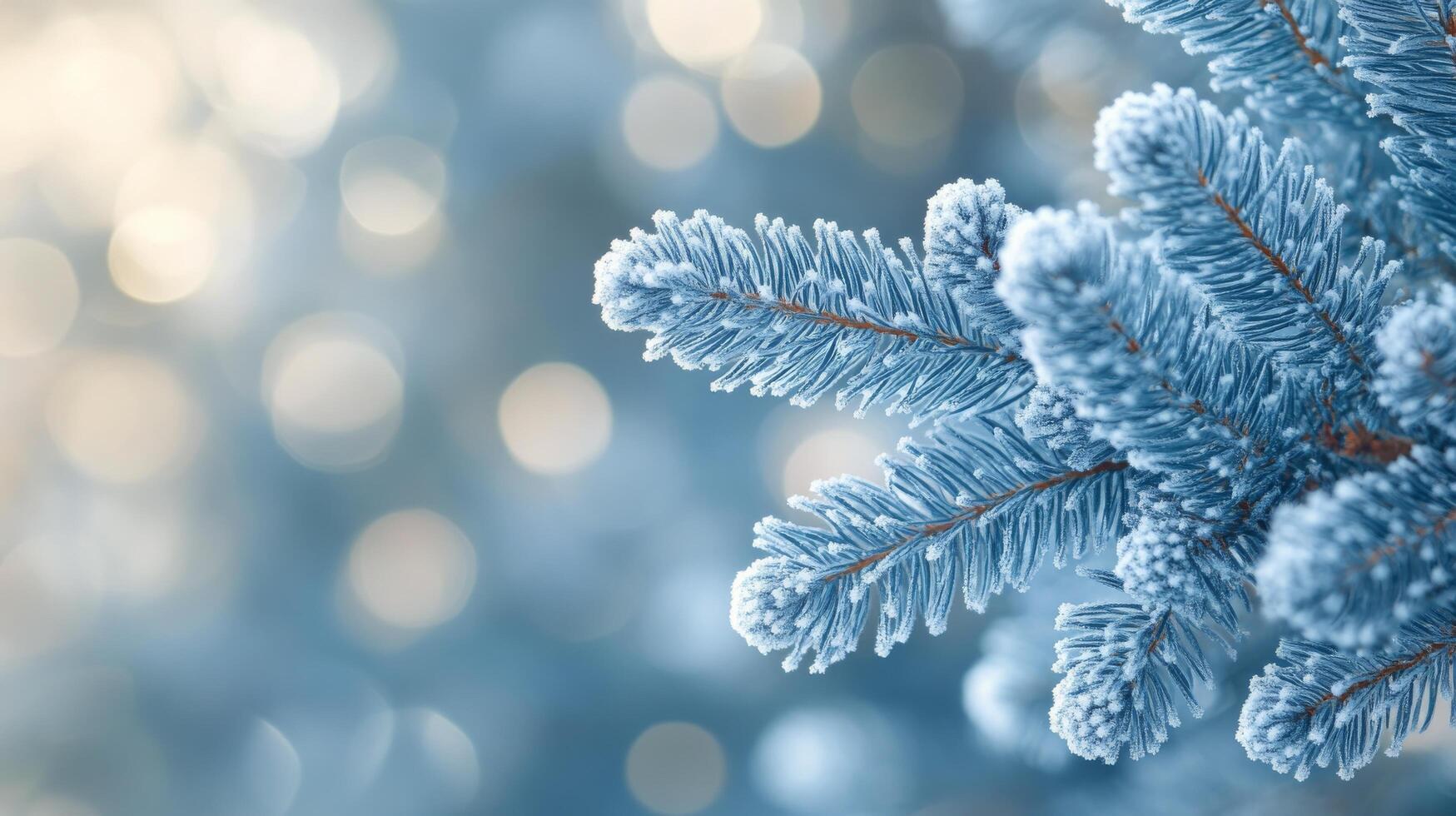 Frosted pine branches frame a serene blue background, perfect for winter and holiday themes photo