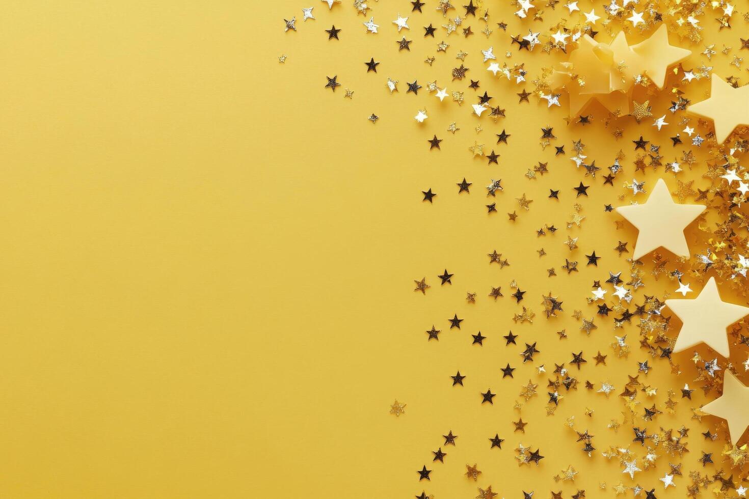 Gold and black stars scattered on a bright yellow background for festive celebrations photo