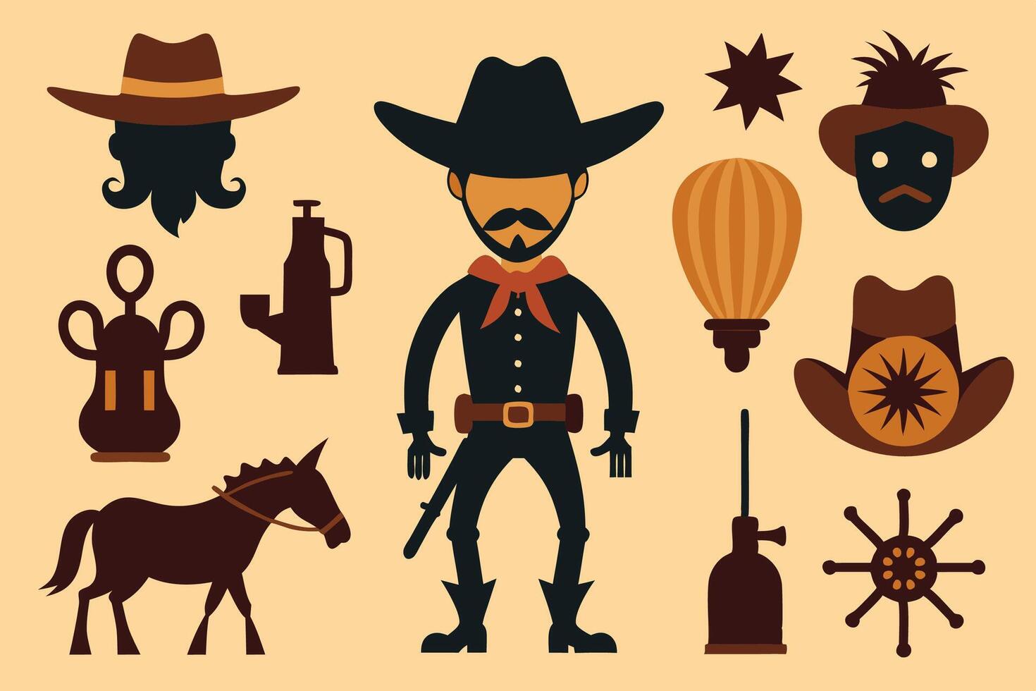 A cowboy is standing next to a cactus and a horse under the sun vector