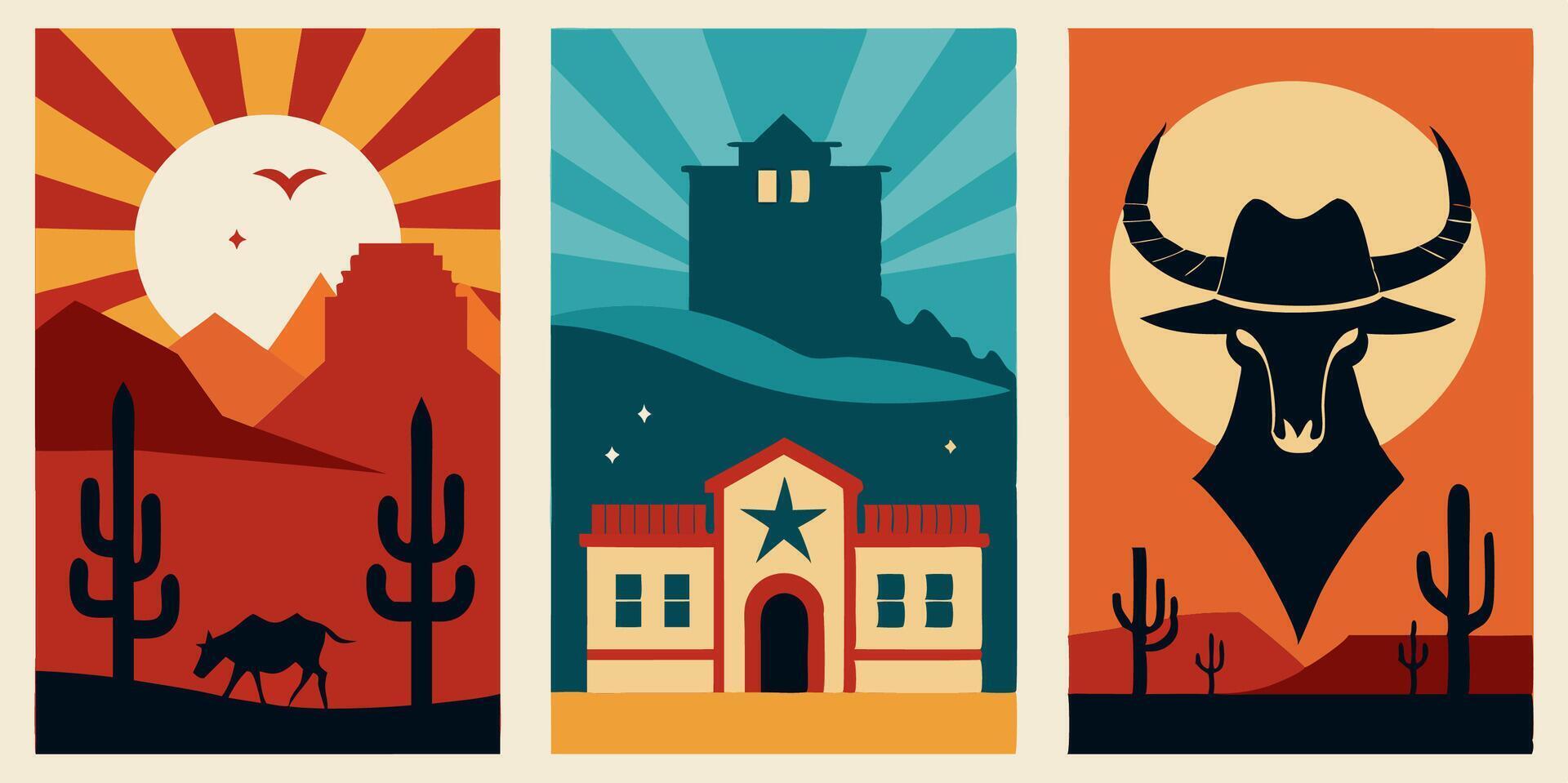 A trio of posters showcasing a cowboy, a house, and a bull vector