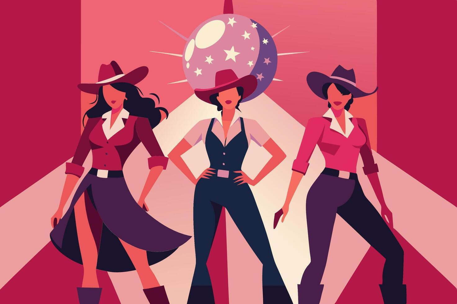 Three women wearing cowboy hats standing next to a disco ball vector