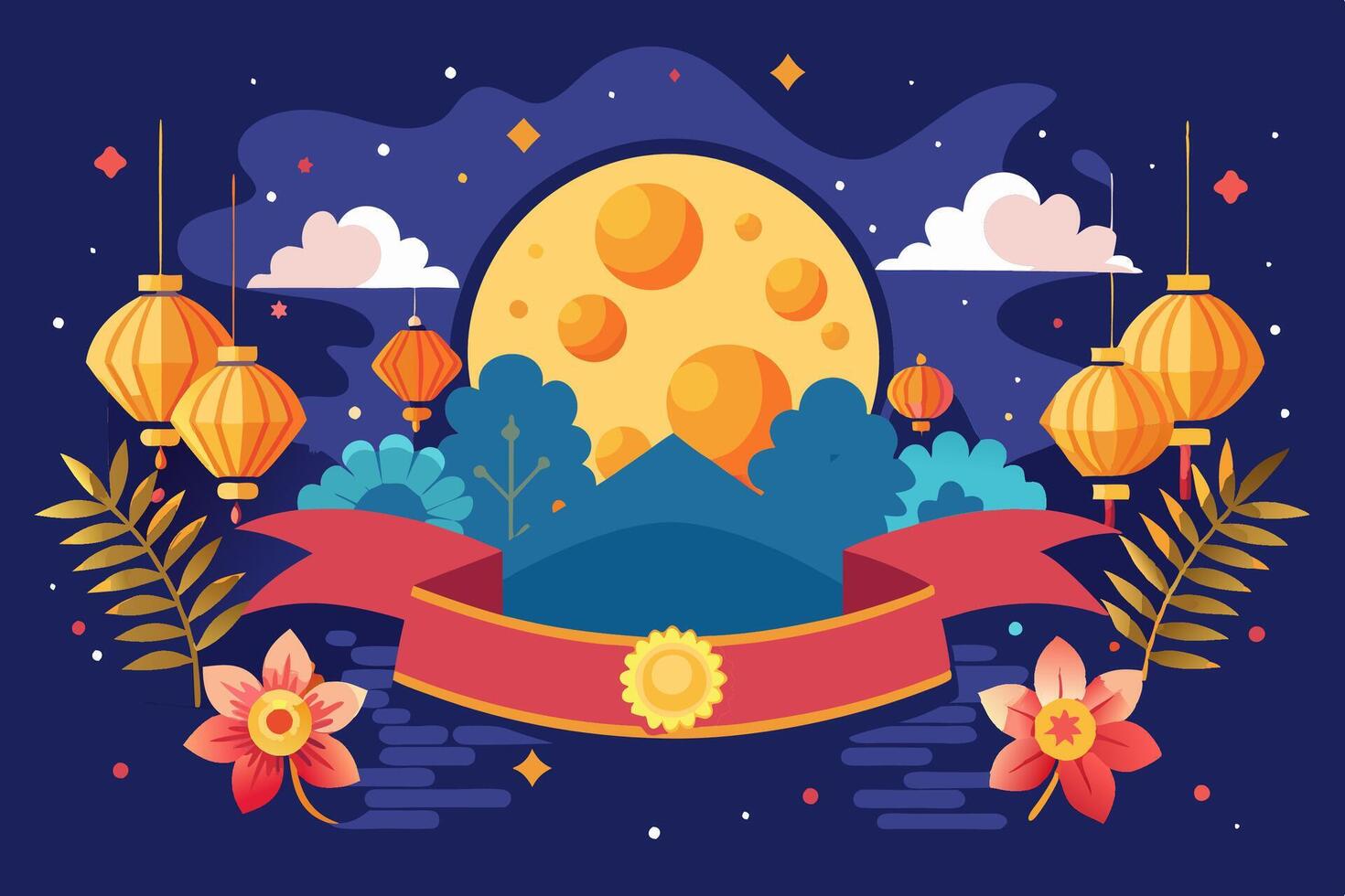 An illustration of a moon and flowers with lanterns vector