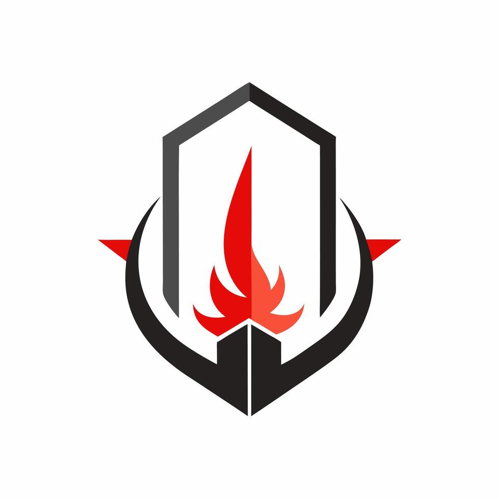 A red and black logo with a shield and a flame vector