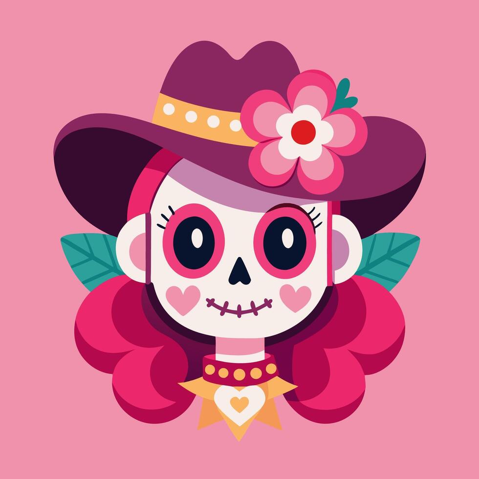 A sugar skull adorned with a cowboy hat and a flower in her hair vector
