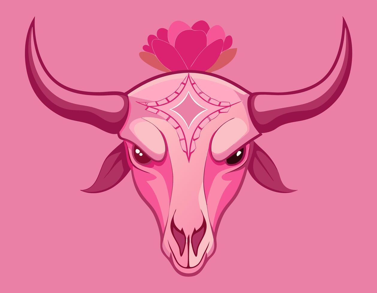 A pink bull skull with a flower on it on a pink background vector