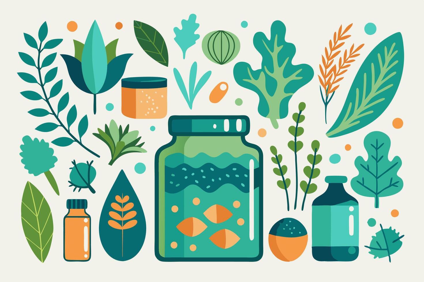 Medicine and herbs in a jar with leaves and plants vector