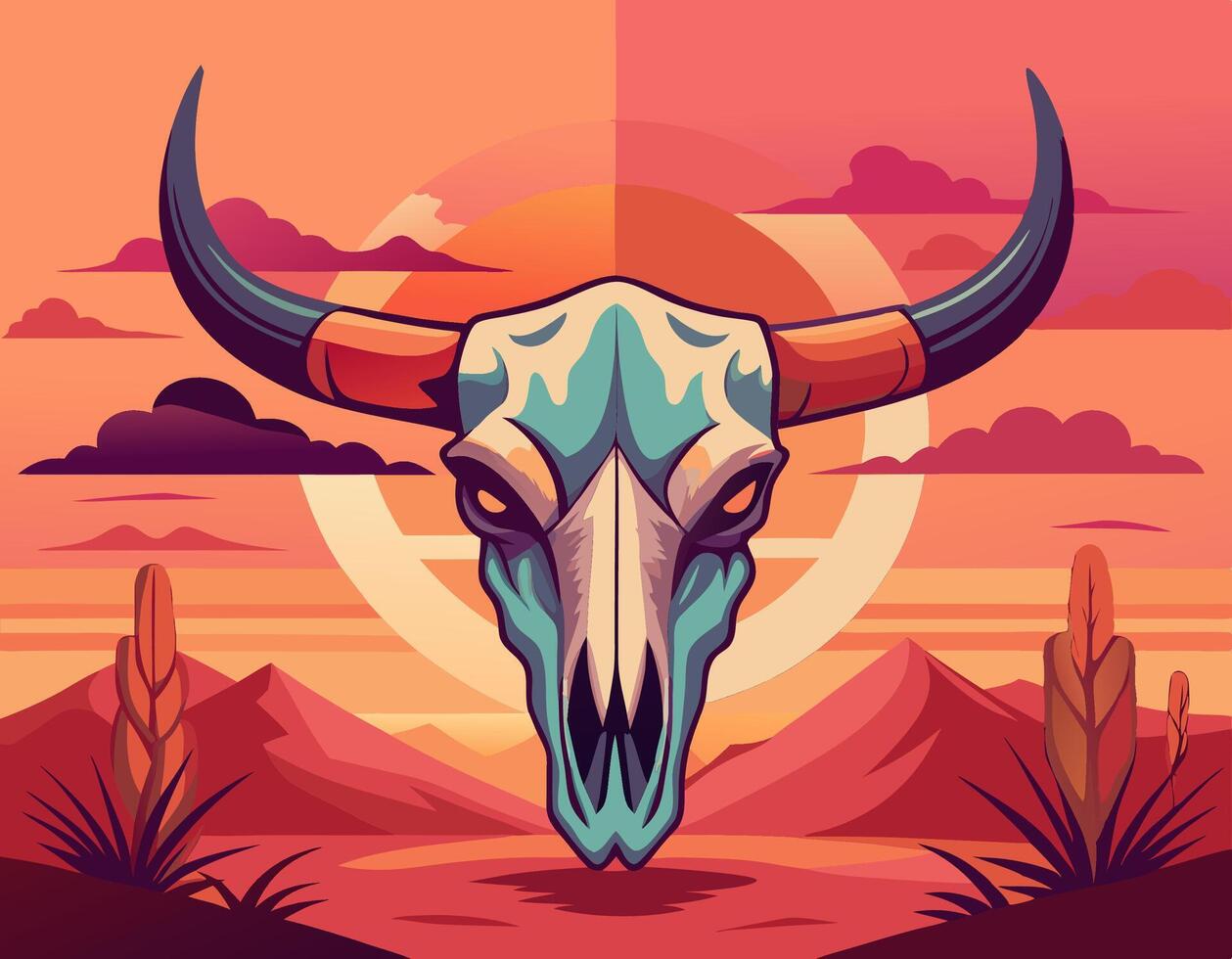 A bull skull in the desert with mountains in the background under a clear sky vector