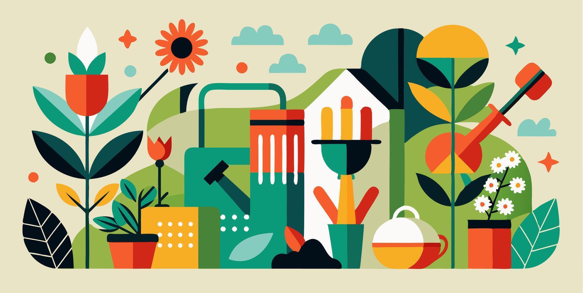 Illustration of a garden with flowers and gardening tools vector