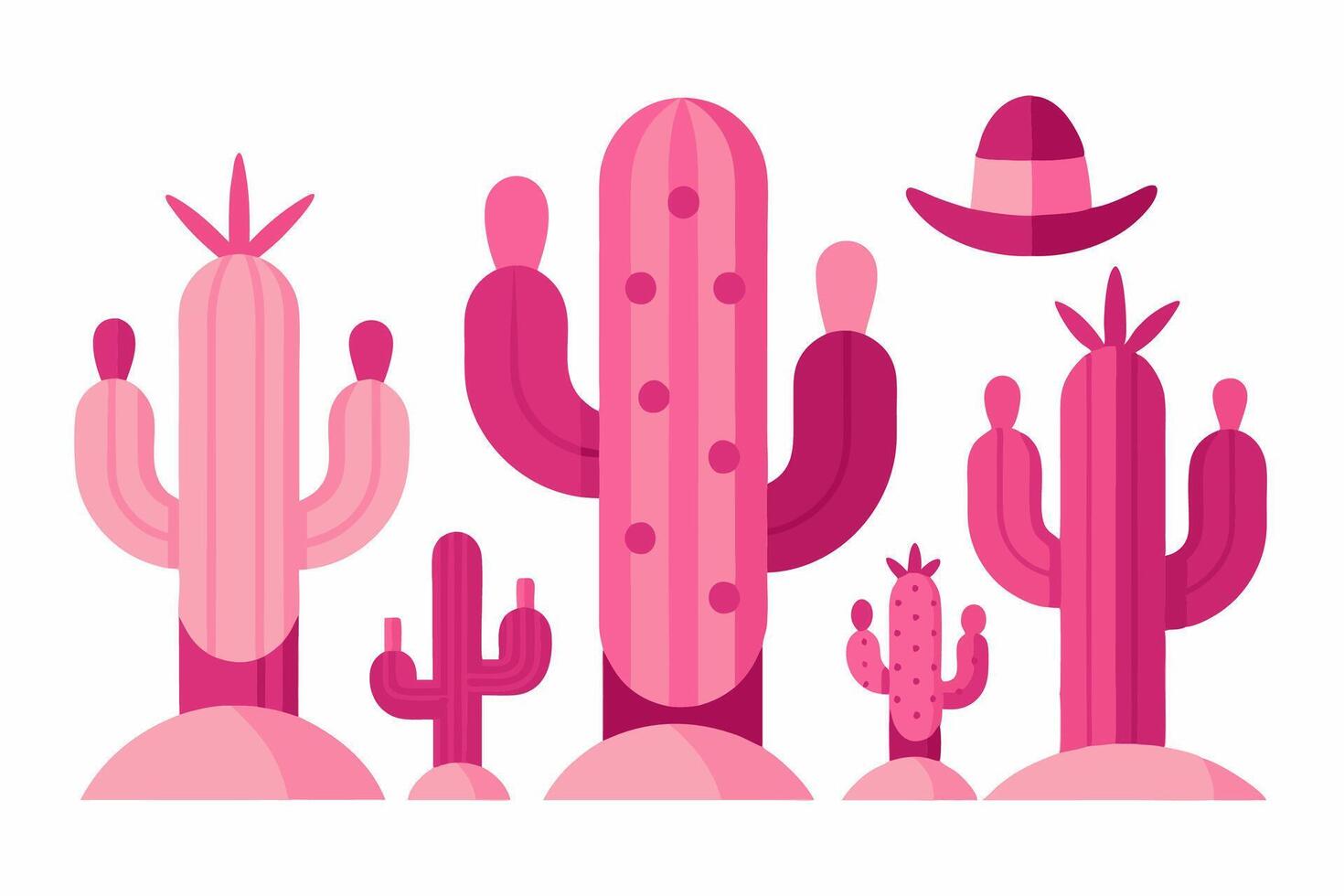 A group of pink cactus wearing hats on a white background vector