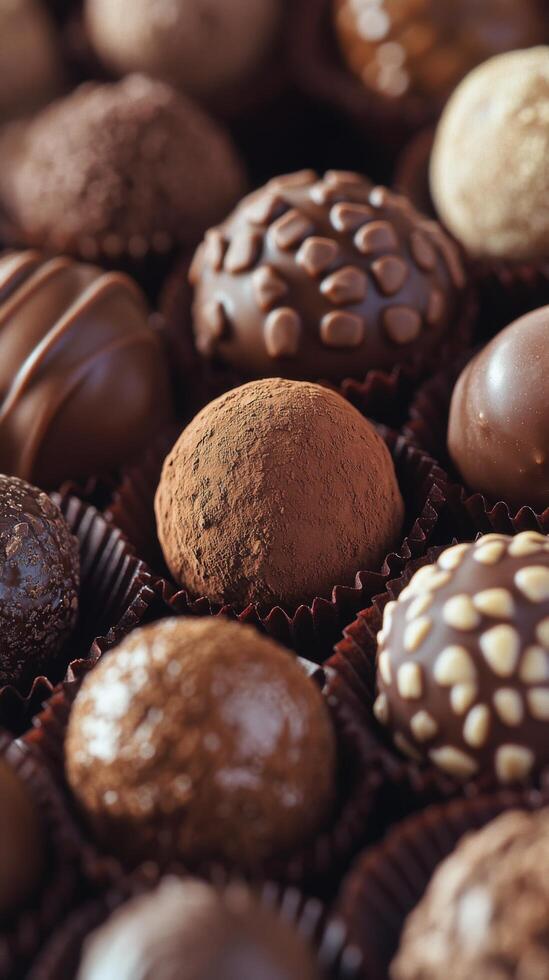 An assortment of gourmet chocolates in various textures and designs displayed beautifully photo