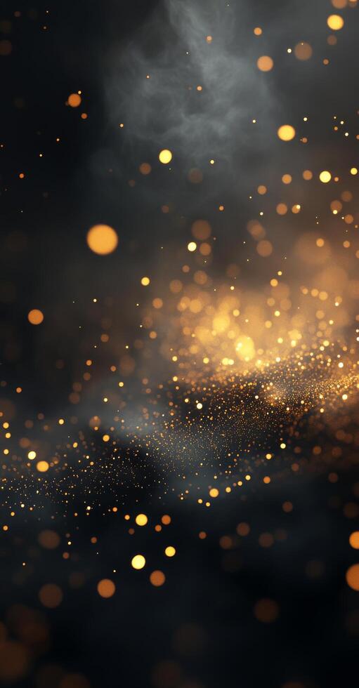 Sparkling golden particles drifting through a dark, swirling mist in a captivating cosmic backdrop photo