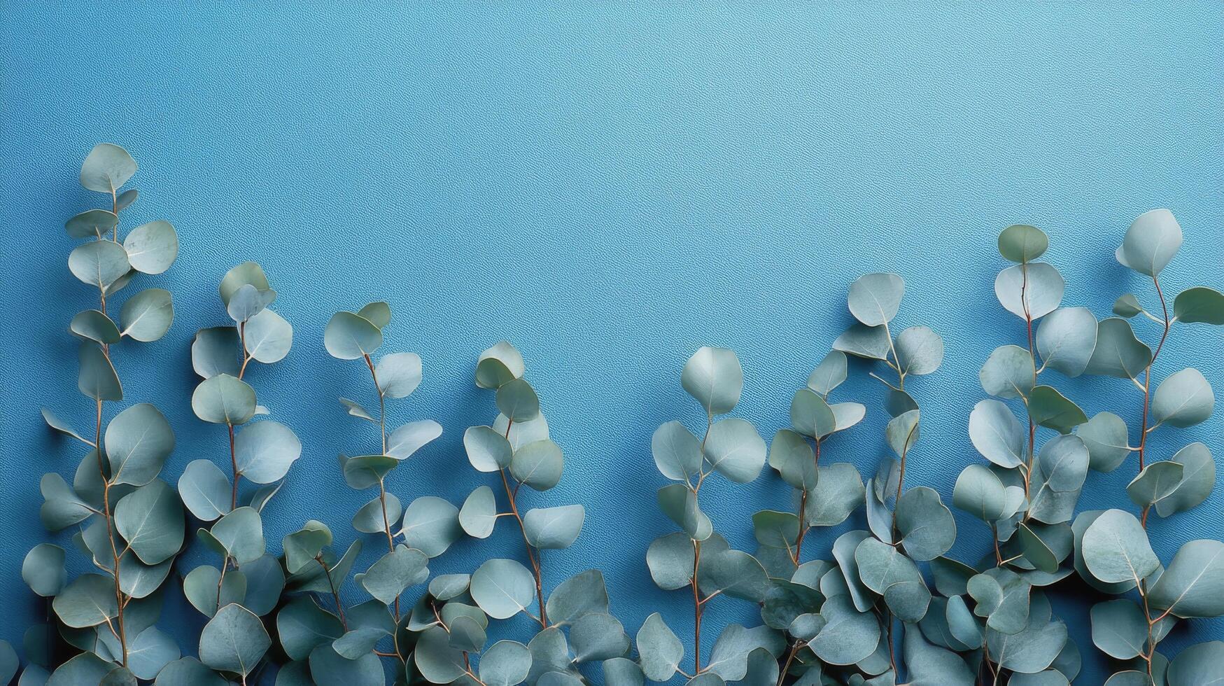 Elegant eucalyptus branches create a serene frame against a soft blue background photo