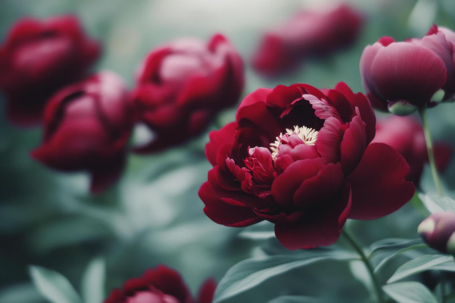 Blooming peonies in vibrant shades of pink during a sunny spring afternoon photo