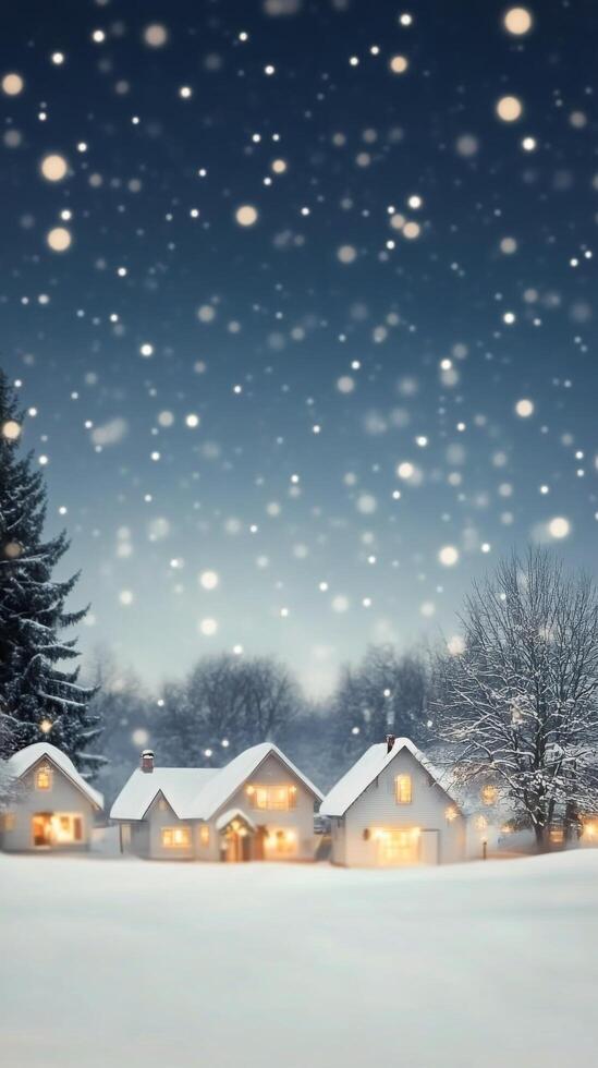 Snowfall over cozy winter homes at dusk with soft lights illuminating the scenery photo