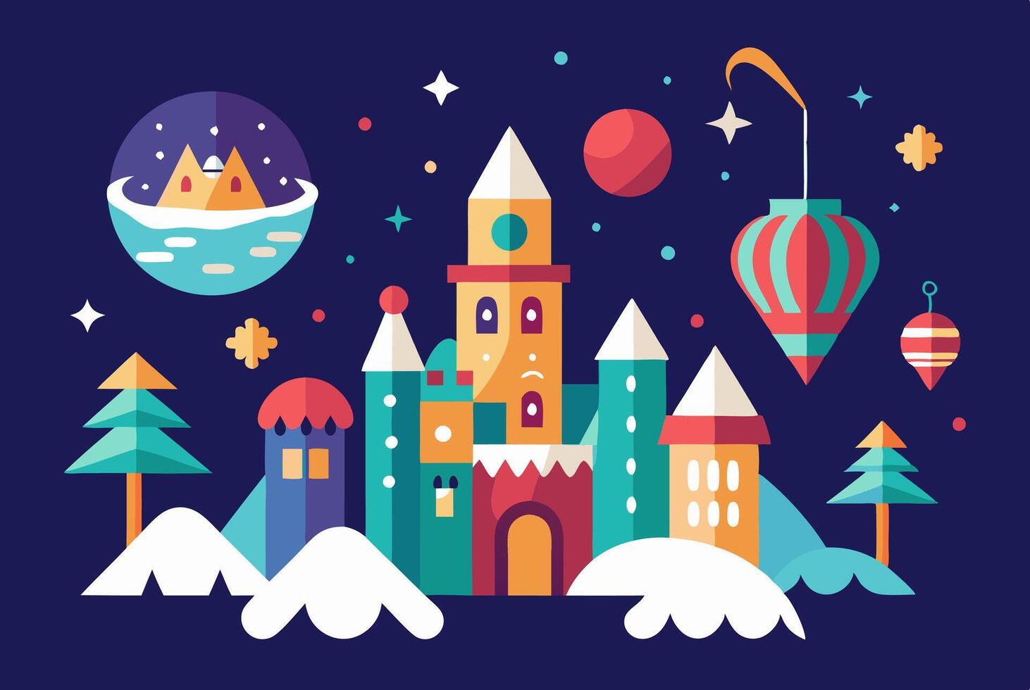 Christmas village with castle, trees, and snow vector