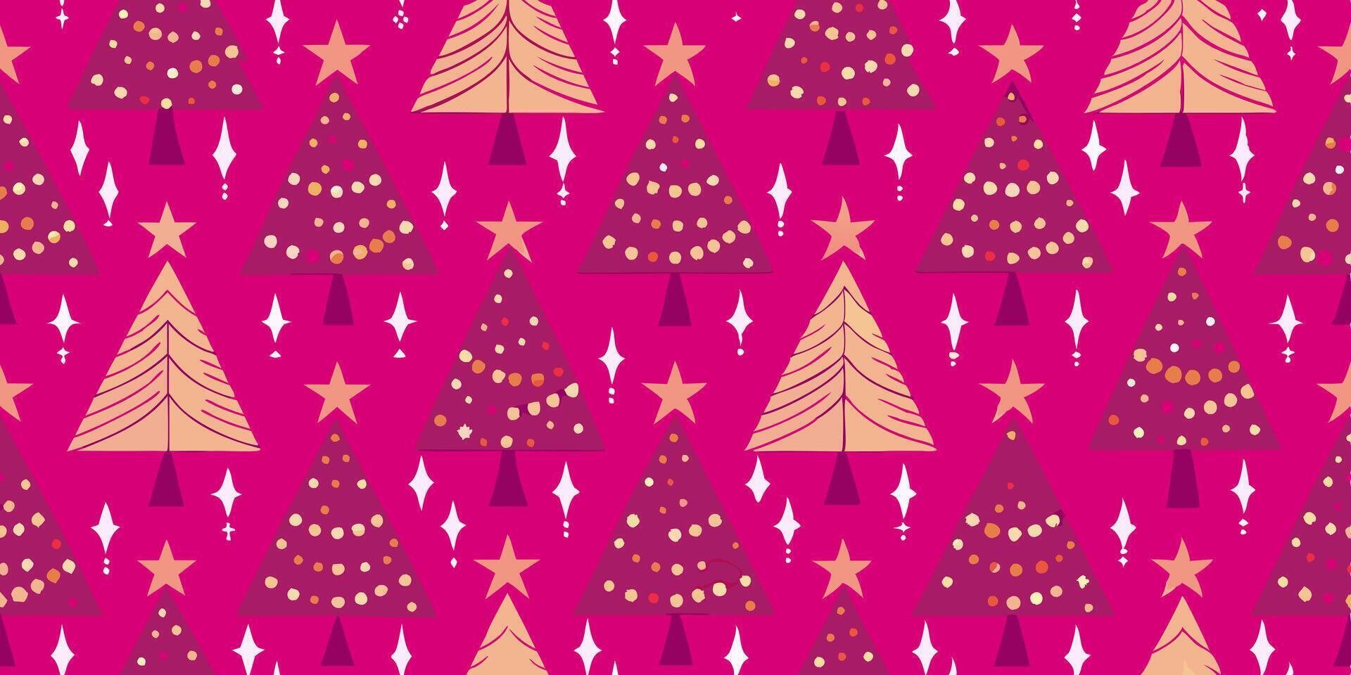 A pink christmas tree pattern with stars and stars vector