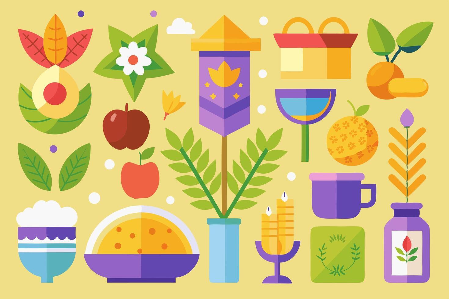 Jewish holiday icons set with various items vector