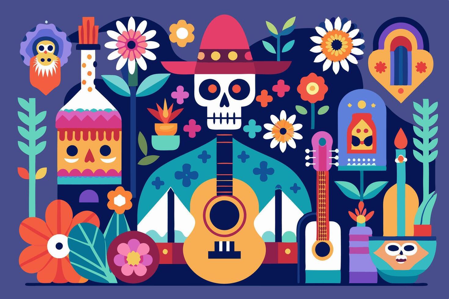 Day of the dead illustration with guitar, flowers, and other items vector