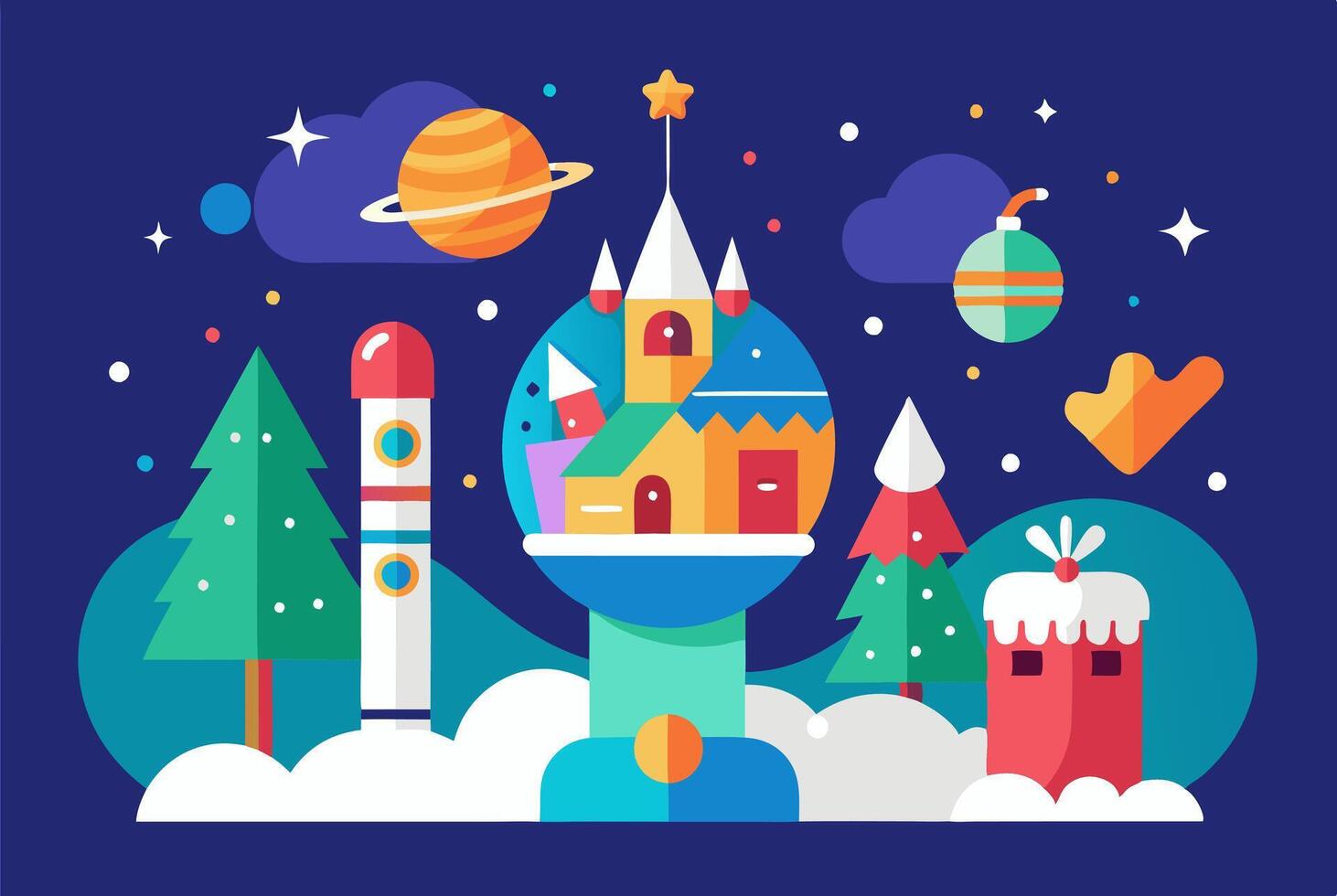 Christmas flat design with a rocket and a castle vector