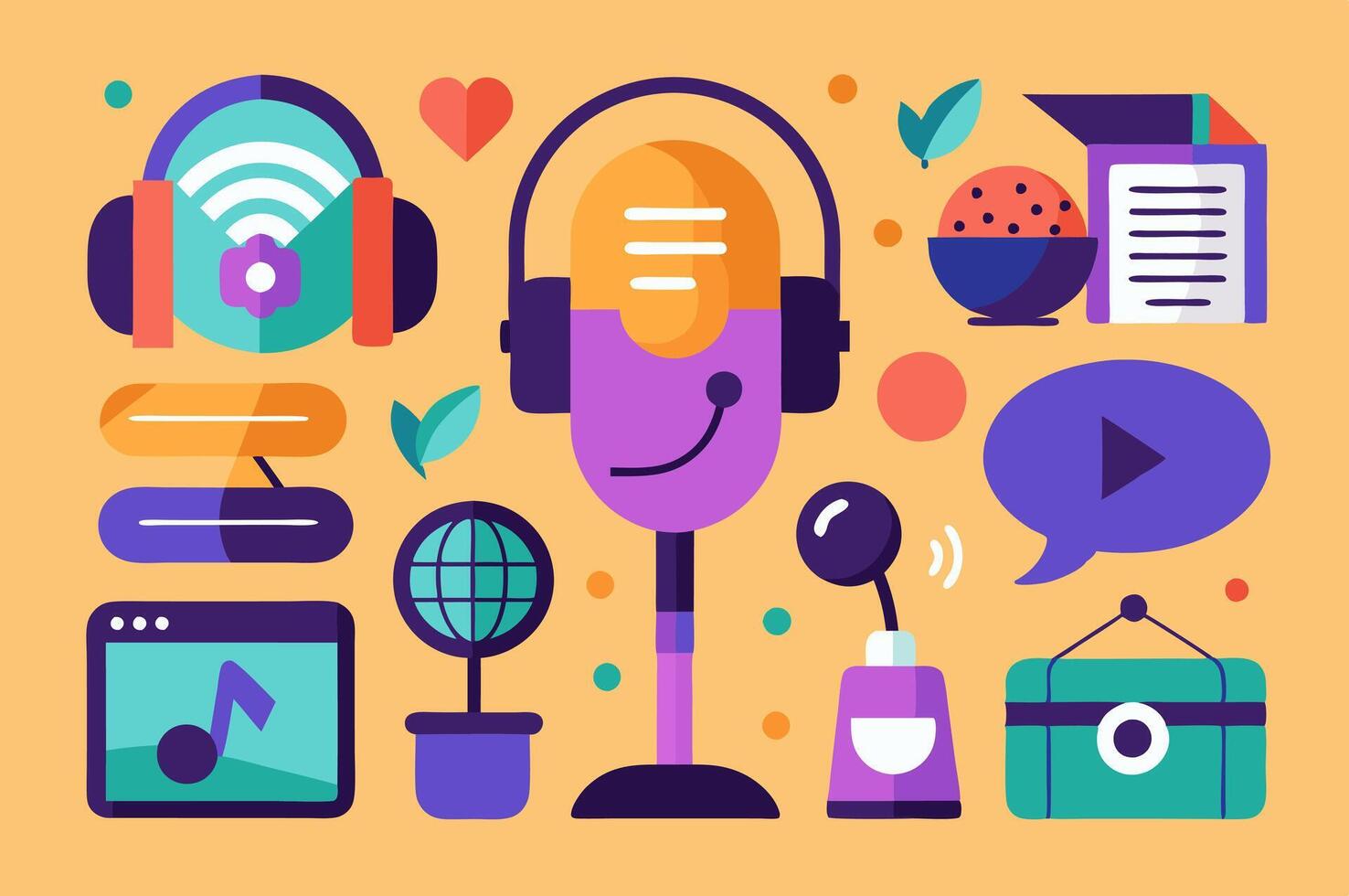 A flat design of various objects that are related to podcasting vector